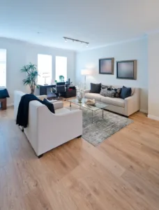 Luxury living room with the laminate floor. Interior design.
