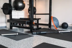 Indoor garage gym with gray epoxy floor