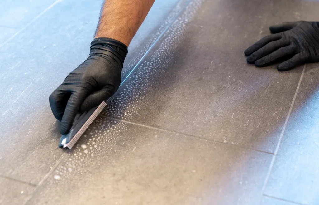 A close up of a professional cleaner cleaning grout with a brush blade and foamy soap on a gray tiled bathroom floor